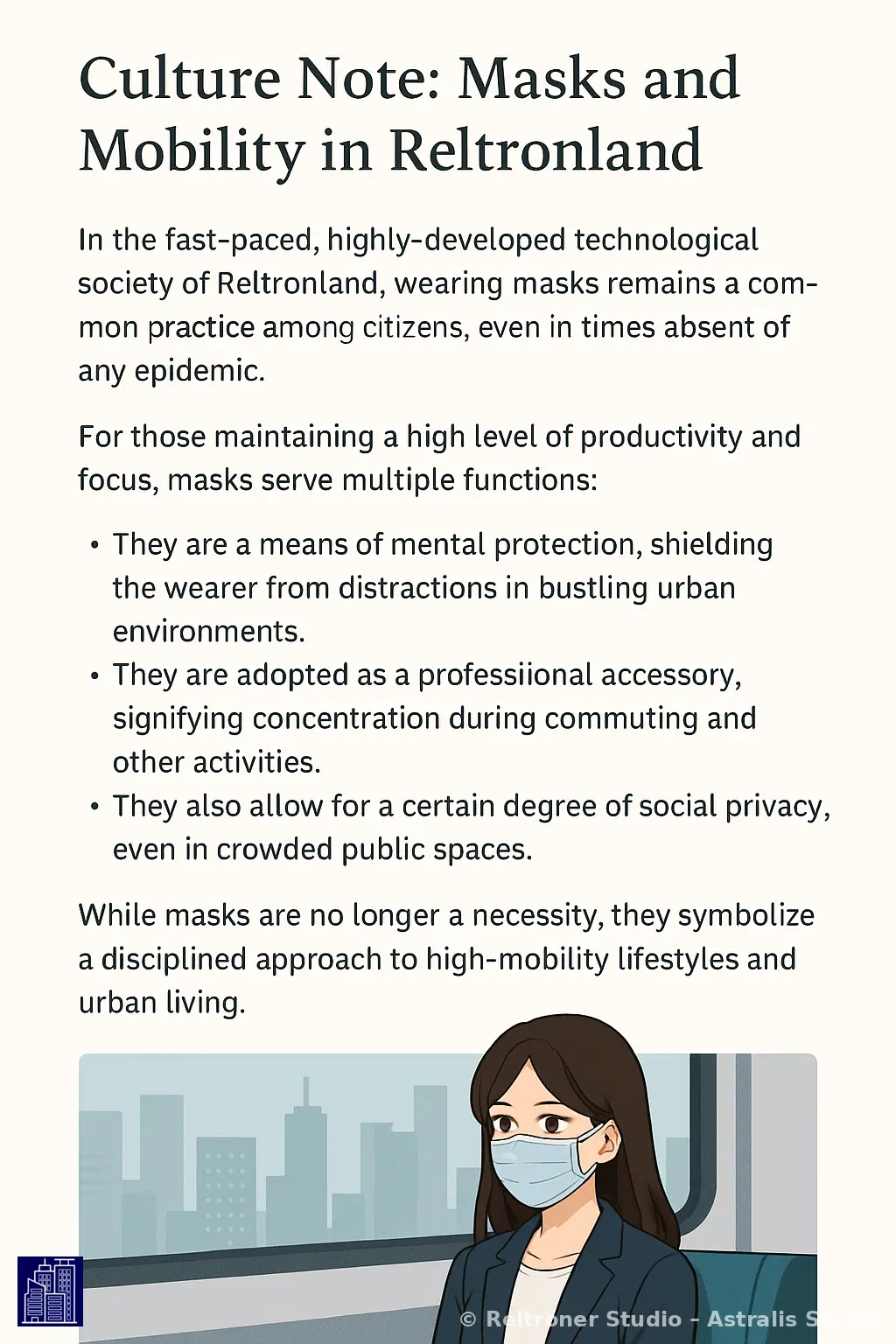 Culture Note: Masks and Mobility in Reltronland