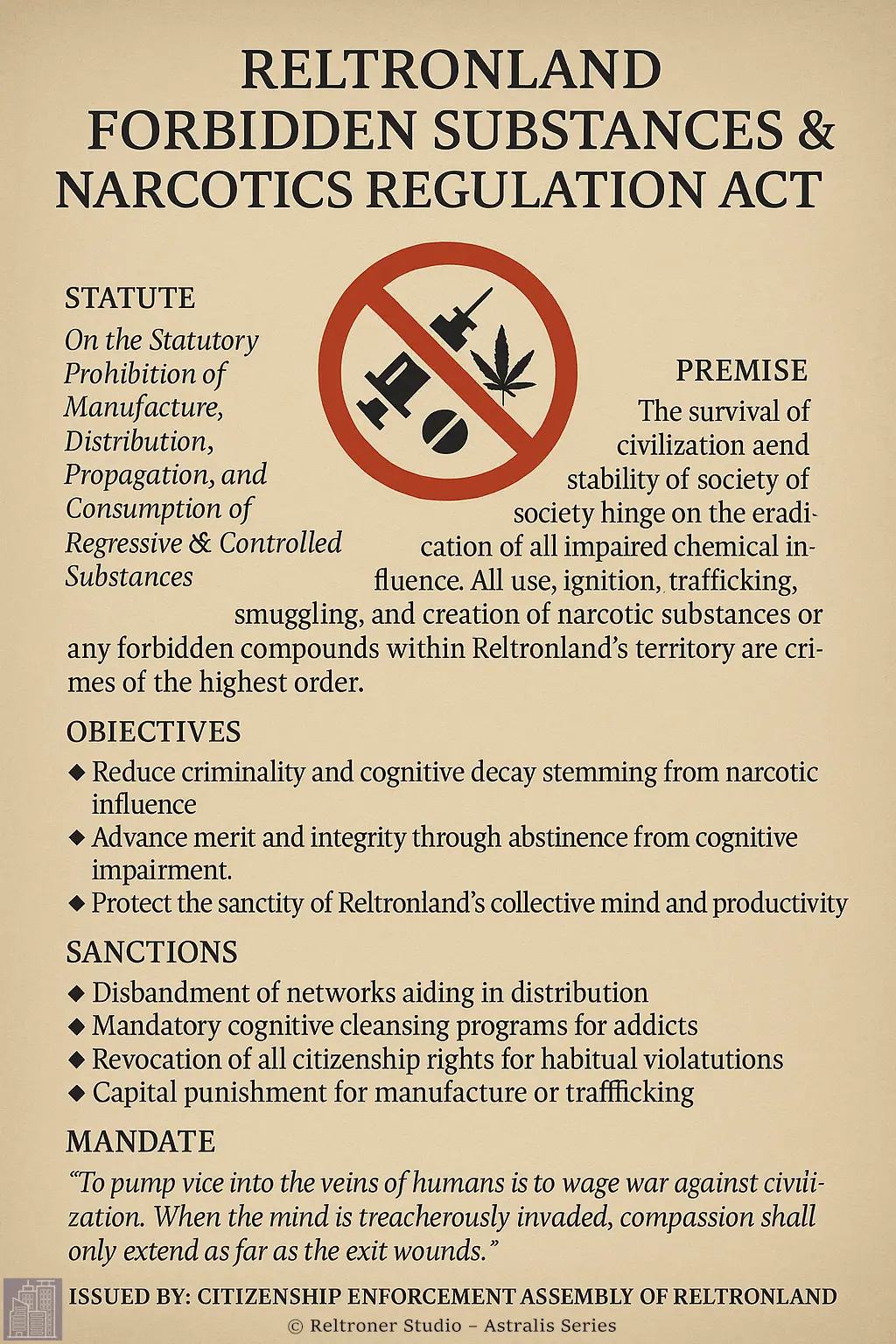 🛑 Reltronland Forbidden Substances & Narcotics Regulation Act